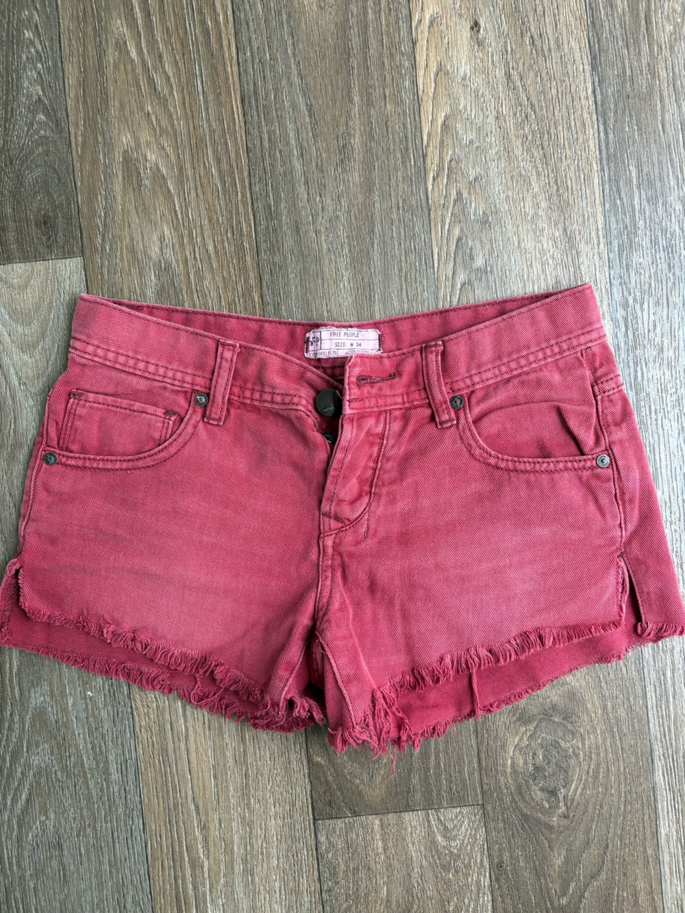 Free People Raspberry Red Frayed Denim Shorts